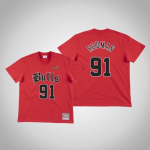 Dennis Rodman Chicago Bulls Faded Men's #91 Old English T-Shirt - Red 866046-899
